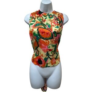 Vintage Open Back Apron Tie Halter Top Bright Retro Print Hippie